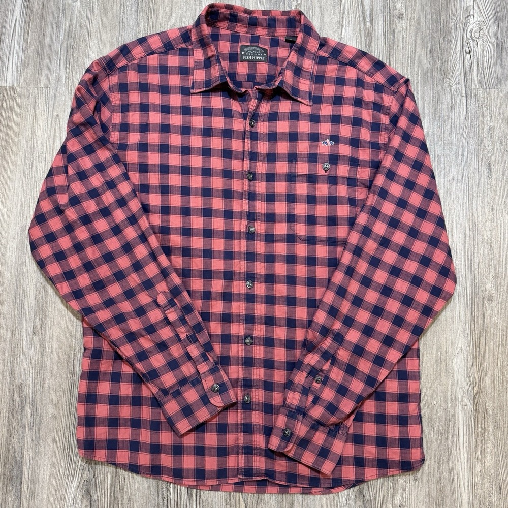 Fish Hippie Rumfront Plaid Button Down Shirt Men's XL Red Navy Long Sleeve